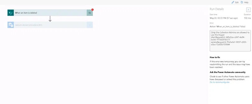 When an item is deleted trigger reporting - Only Site Collection Admins are allowed to use this trigger