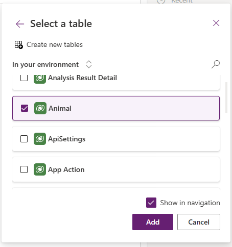 Select Animal Table Add the Animal Table to the app