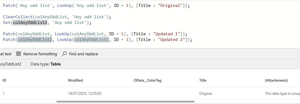 Set vs ClearCollect in Power Apps. Patch not working?