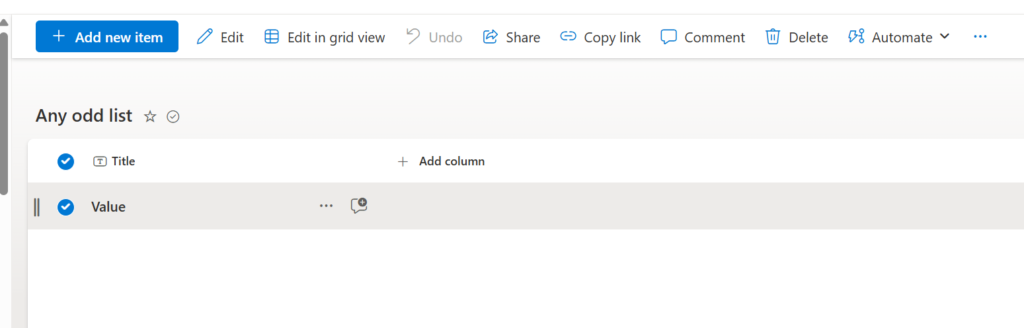 SharePoint list showing a single list item.