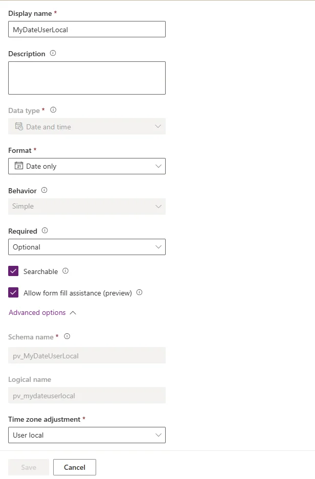 Date column with User Local selected