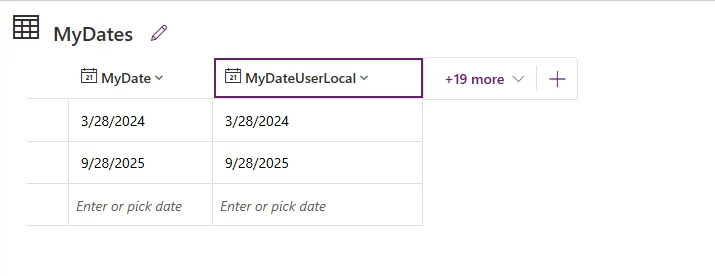 Example dates in dataverse