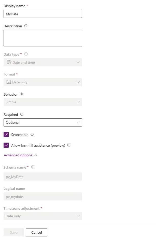 Date column with Date Only selected