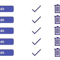 A comparison of five blue 'Edit' buttons on the left and checkmarks alongside icons for a trash bin on the right.