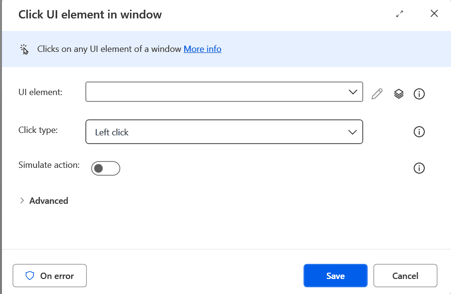 Popup window for clicking a UI element with options for UI element selection, click type, and simulation action.