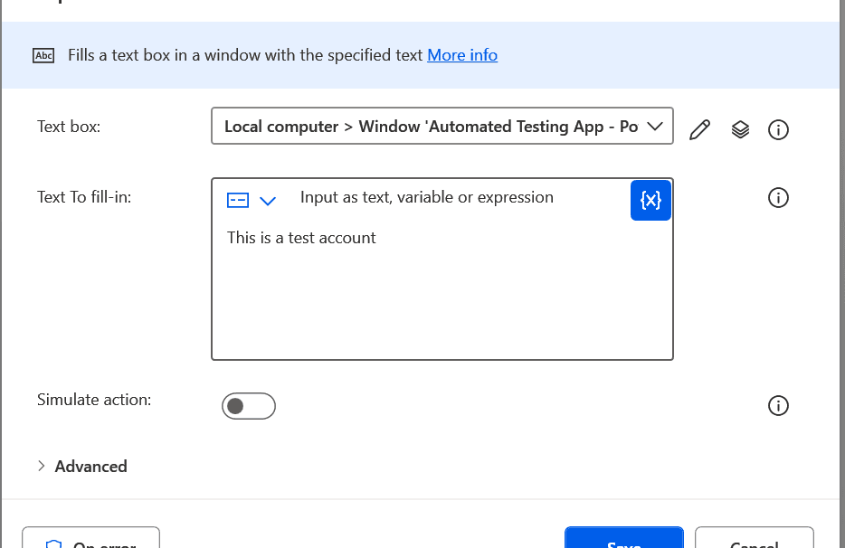 A window showing the 'Populate text field in window' configuration for the automated testing app, where a text box is set to fill in 'This is a test account'.