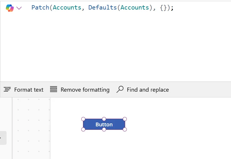 Code editor displaying a Patch function with a highlighted button labeled 'Button' in a user interface.
