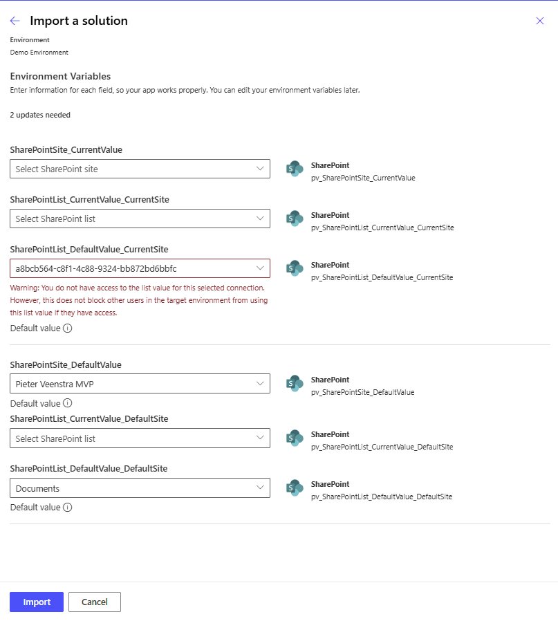 Import solution for the first time Initial import of a solution with SharePoint environment variables