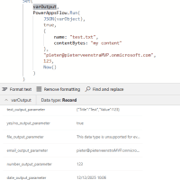 image 33 Screenshot showing a Power Apps formula using PowerAppsFlow.Run() to execute a flow with various parameters, including a file name and content bytes.