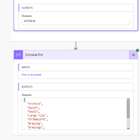 image 8 Diagram showing the output of a Power Automate flow, including a section labeled 'Outputs' with the entry 'Archive' and another labeled 'Compose End' displaying an array of outputs.