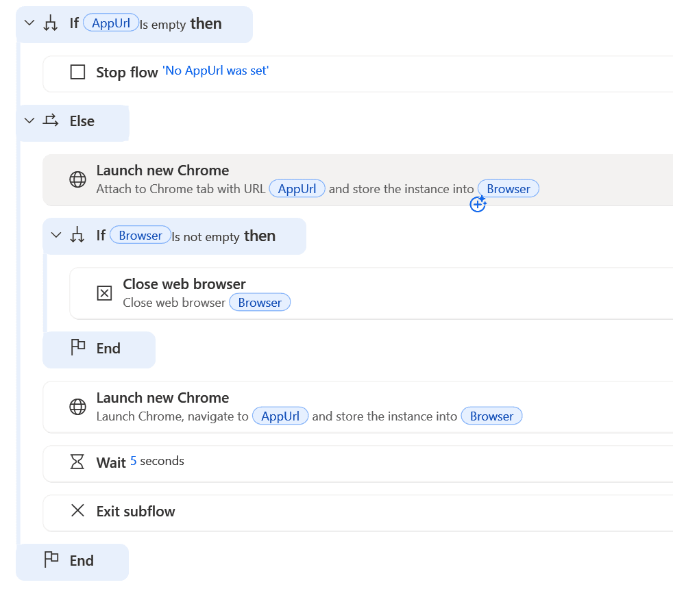 image 82 Flow control logic in Power Automate Desktop for managing browser sessions based on AppUrl input.