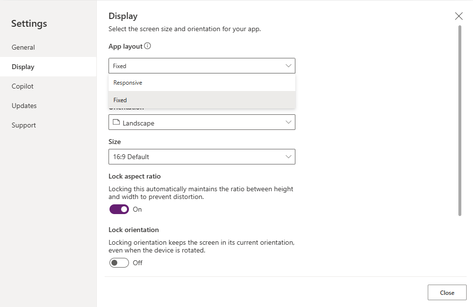 image 105 Screenshot of display settings in an application, showing options for app layout (fixed/responsive), orientation (landscape), size (16:9 default), and lock aspect ratio and orientation features.