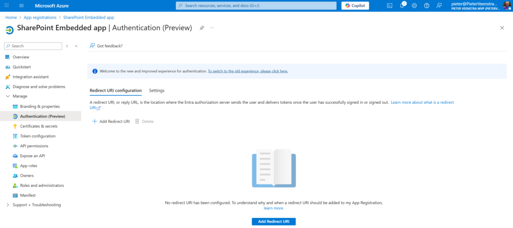 Authentication settings on our app registration