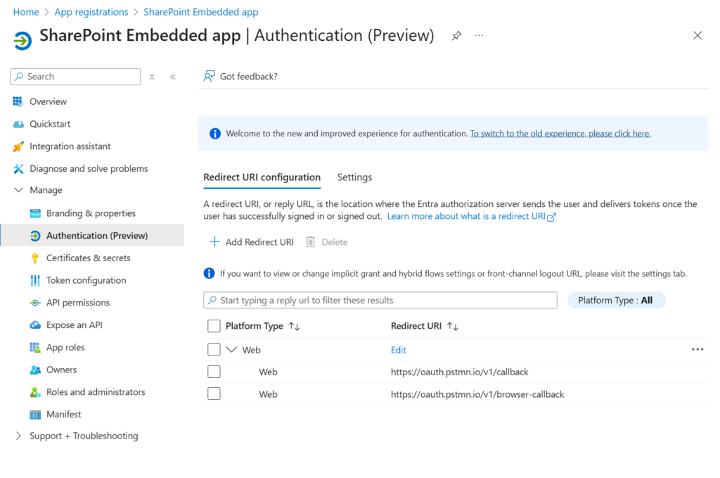 REdirect URIs configured