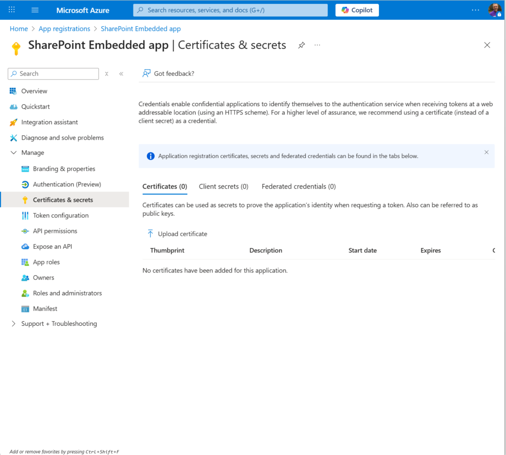 Upload the certificate to the app registration 