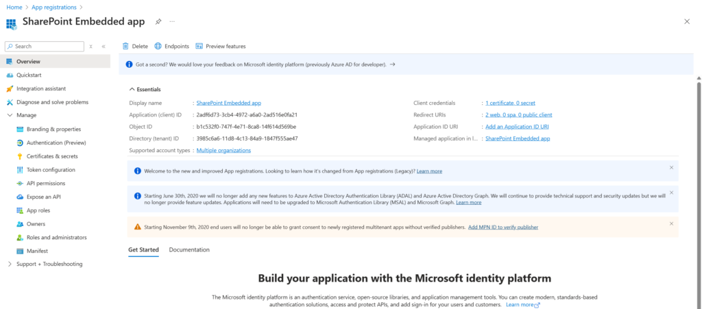 Copy the Tenant and Client ID
