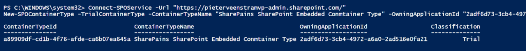 PowerShell command output showing details about a SharePoint container type including ContainerTypeId, ContainerTypeName, and Classification.