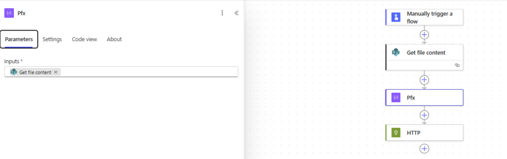 A user interface for a workflow automation tool showing 'Pfx' parameters with settings. It includes an input field for 'Get file content' and visual elements representing the workflow steps 'Manually trigger a flow', 'Get file content', 'Pfx', and 'HTTP'.