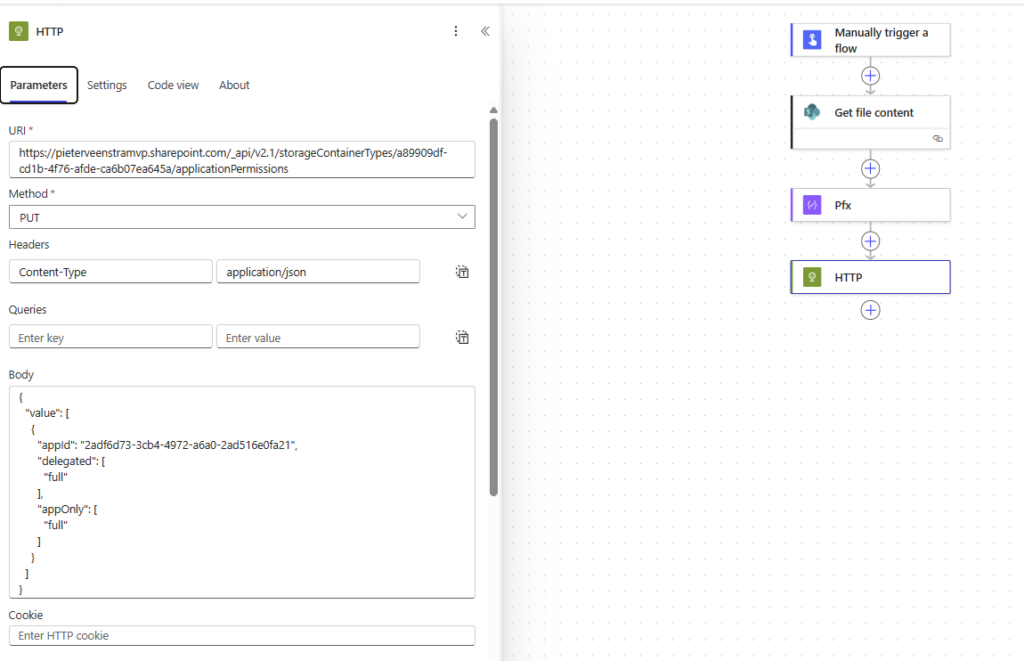 Screenshot of an HTTP request configuration in a flow automation tool, displaying parameters like URI, method, headers, and body content.