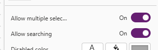 User interface settings panel showing options for 'Allow multiple selection' and 'Allow searching' with on/off toggle switches.