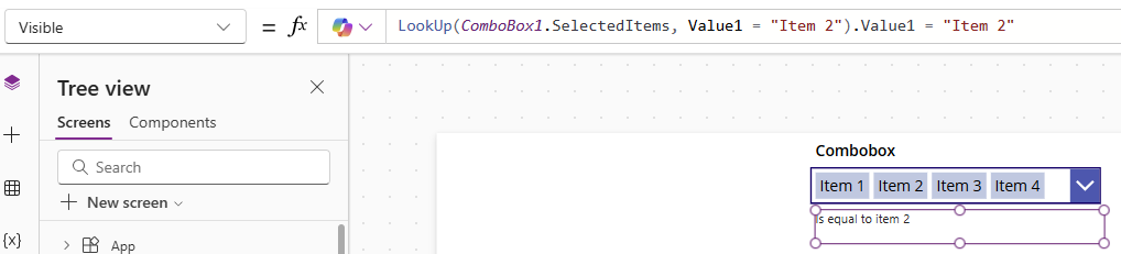 Screenshot of a user interface featuring a combobox with items labeled 'Item 1', 'Item 2', 'Item 3', and 'Item 4'. The interface also displays a formula related to the combobox selection.