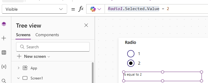 Screenshot of a user interface showing a tree view with screens and components, featuring a radio button selection labeled 'Radio' with options 1 and 2, and a condition stating 'Is equal to 2'.