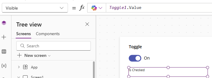 Screenshot of a user interface displaying a tree view structure on the left with components like 'New screen', and a toggle switch labeled 'On' on the right with a text field indicating 'Is Checked'.