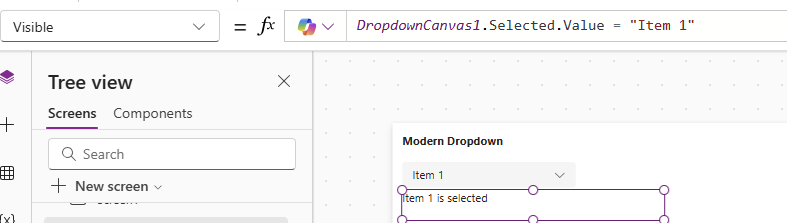 Screenshot of a dropdown menu in a software interface, displaying 'Modern Dropdown' with 'Item 1' selected and a formula bar showing the selection code.