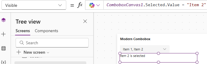 Screenshot showing a modern combobox interface in a design software, highlighting the selected value 'Item 2'. The tree view on the left indicates screens and components.