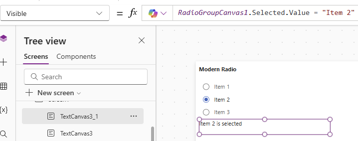 Screenshot of a user interface showing a radio button group with three items labeled 'Item 1', 'Item 2' (selected), and 'Item 3'. A text field indicates 'Item 2 is selected'.