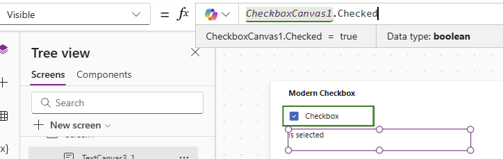 Screenshot of a PowerApps interface showing a modern checkbox labeled 'Checkbox' that is selected, along with details about the checkbox status in a formula bar.