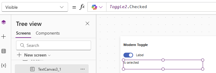 Screenshot of a user interface displaying a modern toggle switch labeled 'Label' with a status indication of 'Is selected' on the right side.
