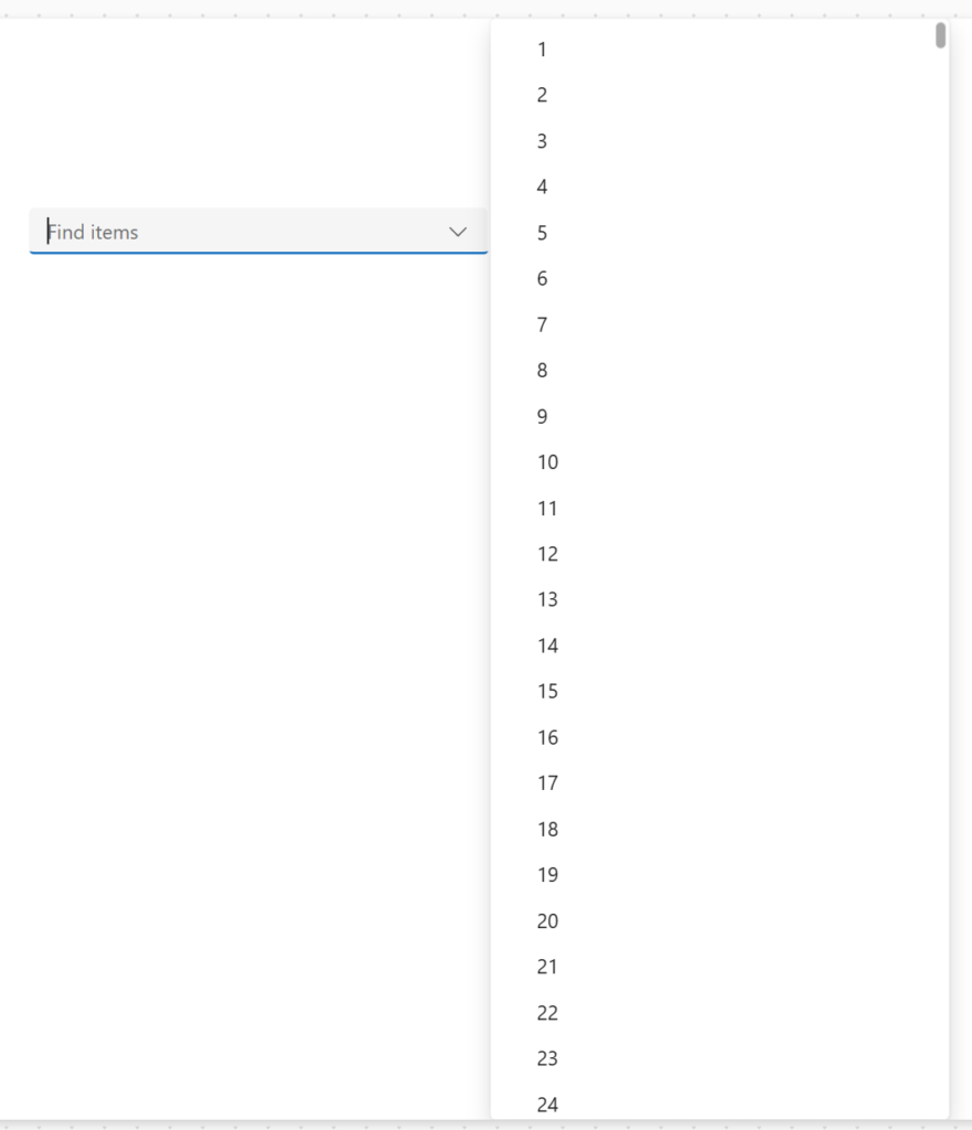 image 158 A user interface displaying a search bar labeled 'Find items' and a vertical list of numbers from 1 to 24.