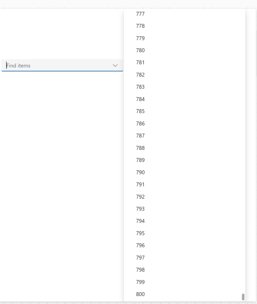 image 160 A digital interface displaying a list of numbers from 777 to 800, with a search bar labeled 'Find items' above the list.