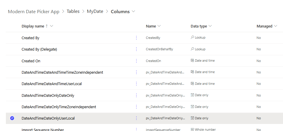 image 164 My 5 Date fields created in a Dataverse Table
