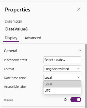 image 165 Screenshot of a date picker properties panel showing options for placeholder text, format, date time zone, accessible label, and visibility settings.