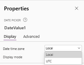 image 166 Properties panel of a date picker showing options for date time zone selection, including 'Local' and 'UTC'.