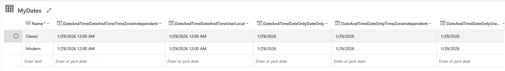 image 167 A table displaying date and time settings, with columns for different formats: 'Classic', 'Modern', 'Date and Time (Timezone Independent)', 'Date Only', and 'Date (User Local)'.
