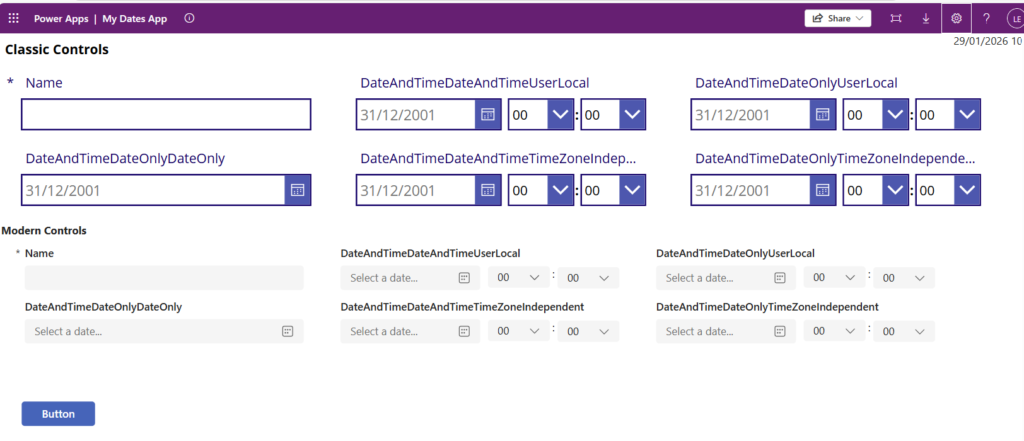 image 168 Screenshot of a user interface displaying date and time input fields, including options for classic and modern controls in a Power Apps application.