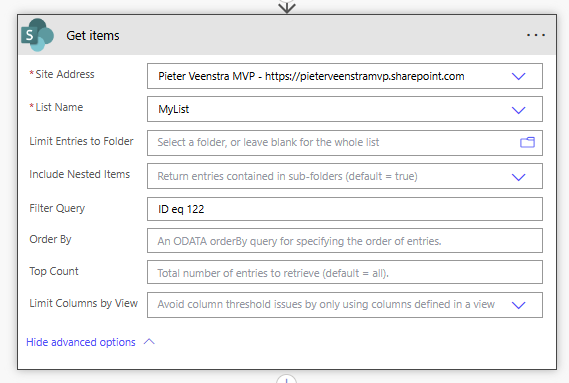 Filter data within the get items action