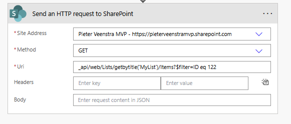 Filter data in the Send an HTTP request to SharePoint