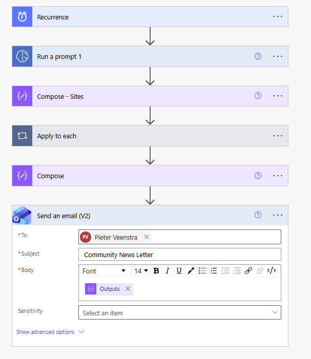 Flow diagram illustrating a sequence of steps in an automated email process, including recurrence, prompt handling, composing messages, and sending an email to a recipient.