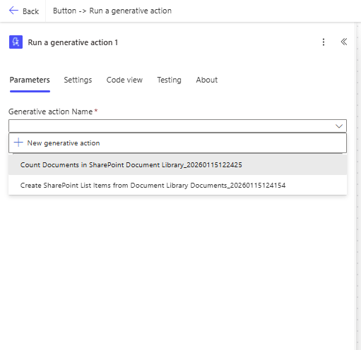 Interface displaying options for running a generative action in a software application, showcasing parameters and action names related to SharePoint document management.
