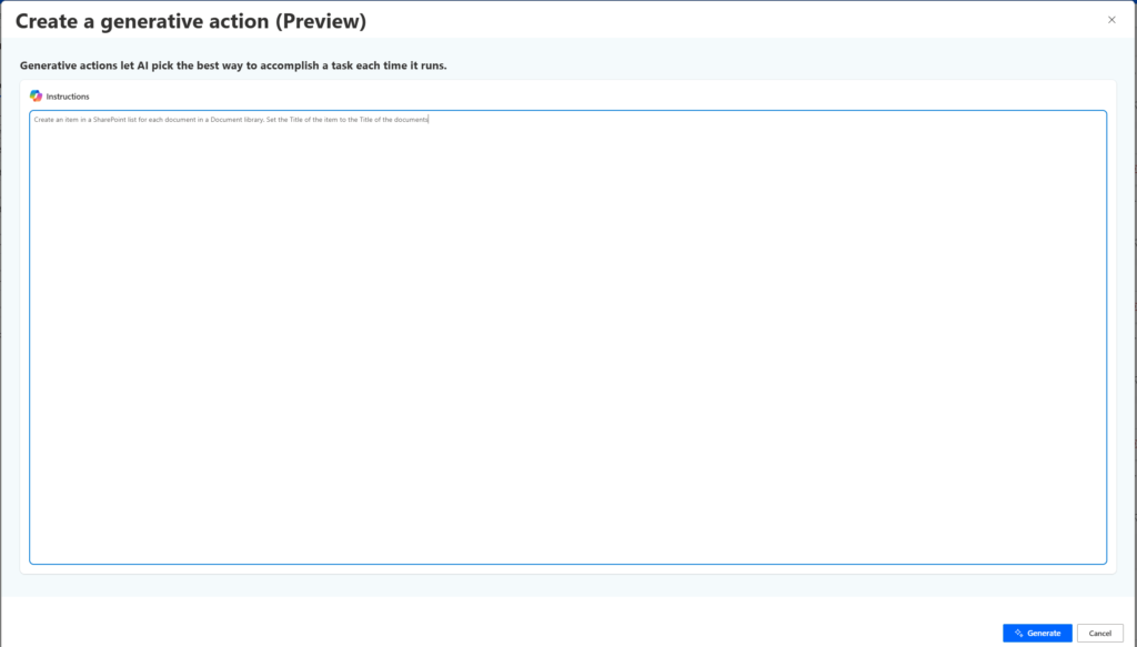 A preview window for creating a generative action in an application, including instructions for creating a SharePoint list item for documents in a Document library.
