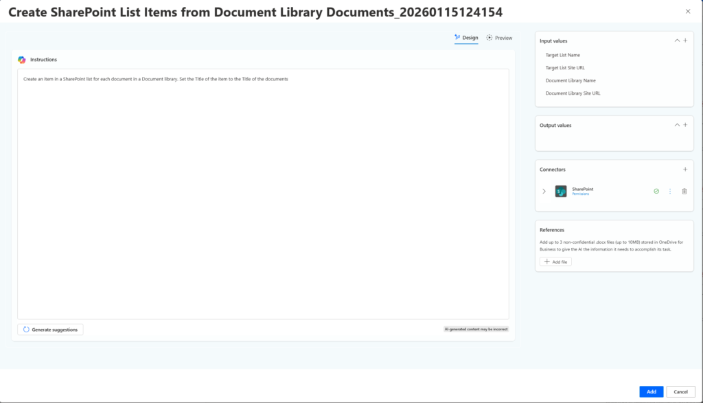 User interface for creating SharePoint list items from a document library, featuring instructions and input/output fields.