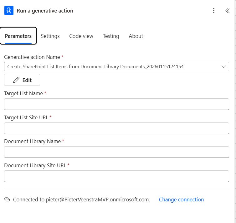 Form interface for running a generative action in SharePoint, featuring fields for action name, target list details, and document library information.
