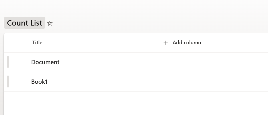 Screenshot of a digital count list with two entries: 'Document' and 'Book1', along with an 'Add column' option.