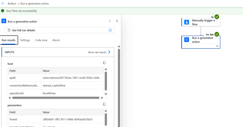 Screenshot of a software interface showing the results of a flow run, including input fields for host and parameters, and a visual workflow representation.