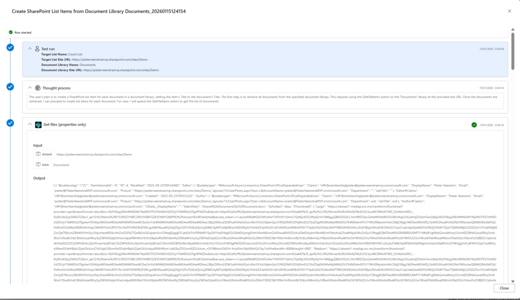 Screenshot of a SharePoint interface displaying the process of creating list items from a document library, including details such as target list name, site URL, and document library name.