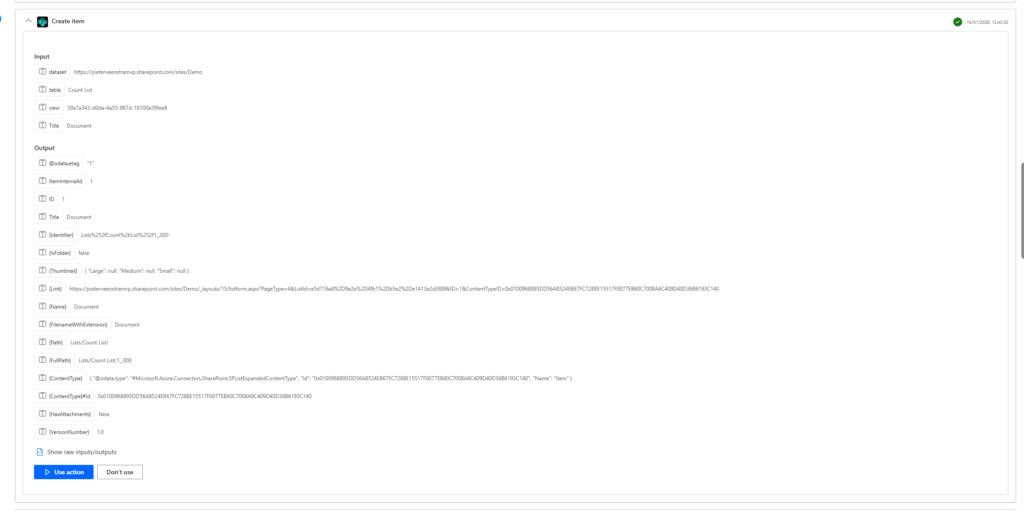 Screenshot of a user interface for creating an item in a dataset, featuring input fields for dataset information, table selection, view options, and output details.
